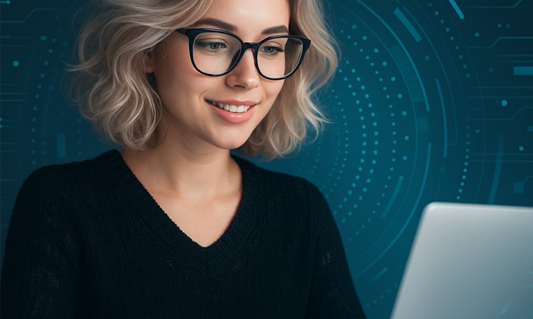 Blond girl wearing glasses using laptop smiling